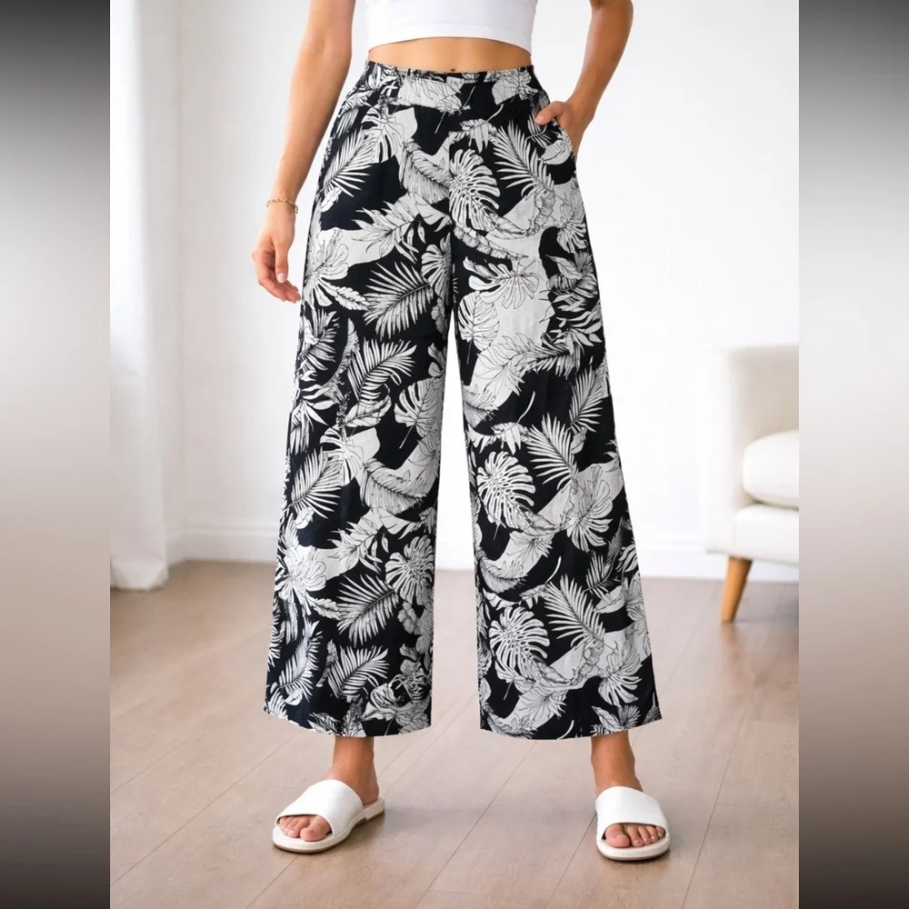 Christian Siriano Linen Tropical Wide Leg Pants black white floral 54287 - Picture 11 of 11